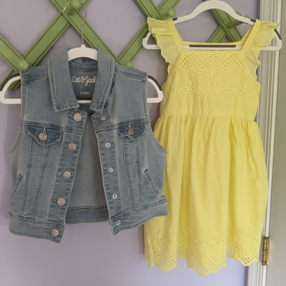 Cat & Jack Other - Cat & Jack Yellow Eyelet Dress and Denim Vest - Size 6/6X